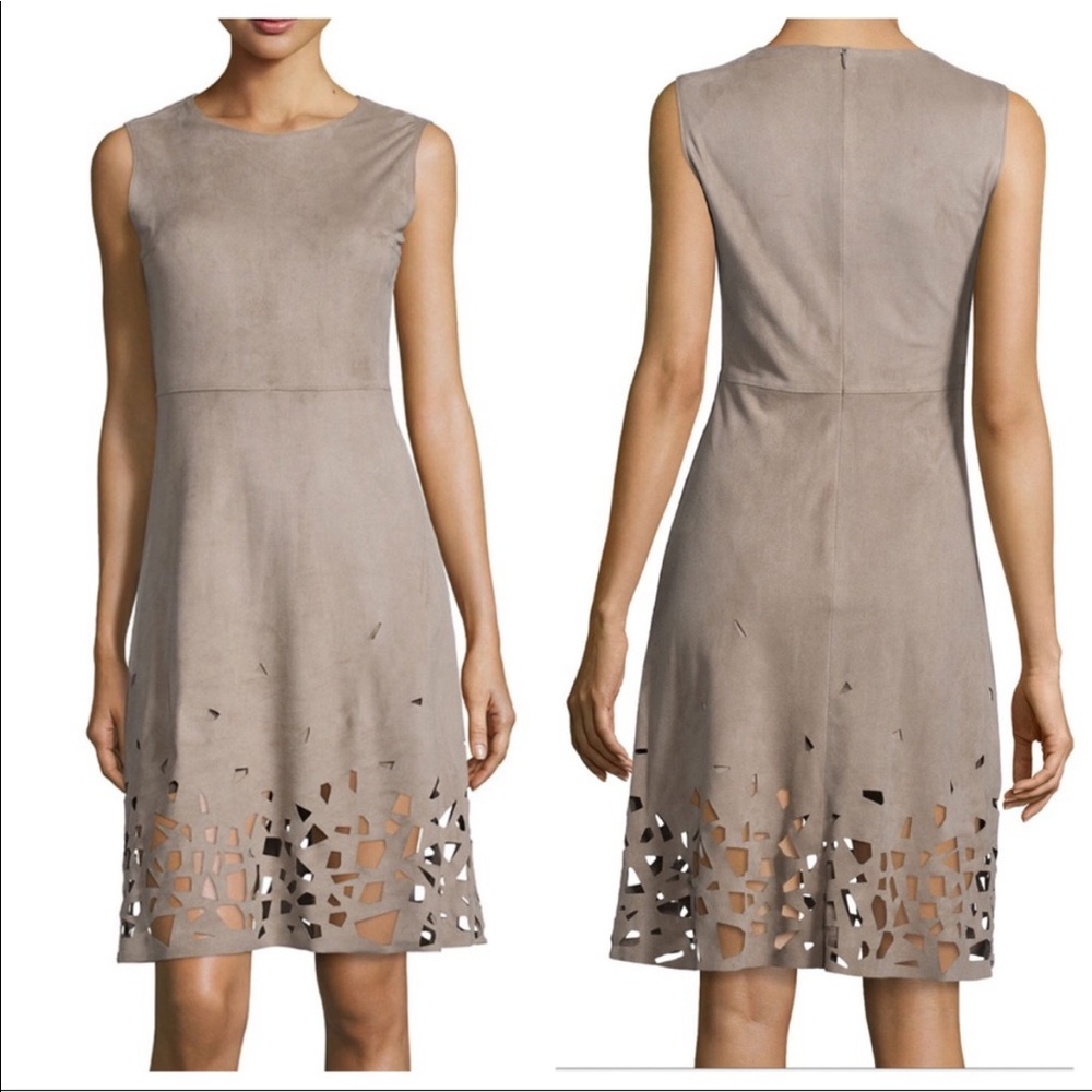 🎉HP🎉 Elie Tahari Coffee Brown Suede Laser Cut Dress - size 14 - Picture 3 of 14